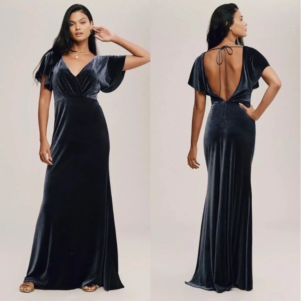 Jenny Yoo Ellis Flutter-Sleeve V-Neck Open-Back Stretch Blue Velvet Maxi Gown 10